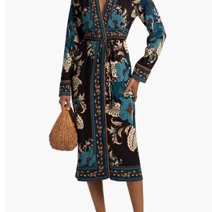 FARM Rio Black Floral Midi Wrap Dress with Teal and Cream Accents